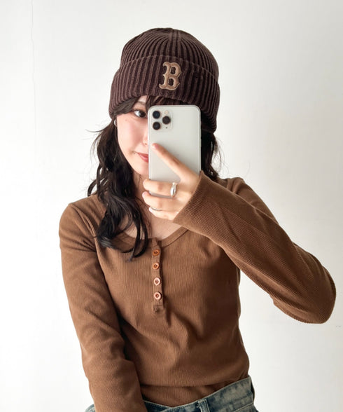 MLB KOREA(エムエルビーコリア)/ヴィンテージ ロゴ ダメージ ビーニー ニット帽/Vintage basic mid beanie | AT5254049 | ブラウン