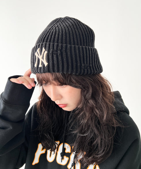 MLB KOREA(エムエルビーコリア)/ヴィンテージ ロゴ ダメージ ビーニー ニット帽/Vintage basic mid beanie | AT5254049 | ブラック