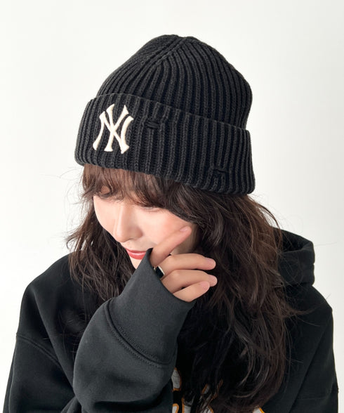 MLB KOREA(エムエルビーコリア)/ヴィンテージ ロゴ ダメージ ビーニー ニット帽/Vintage basic mid beanie | AT5254049 | ブラック