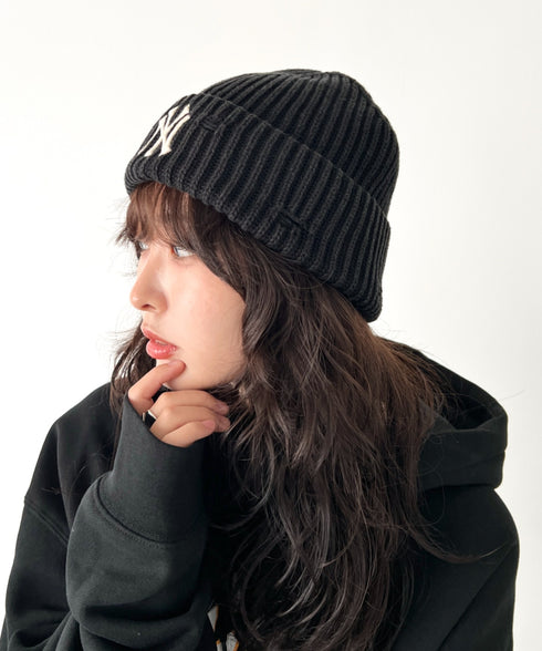 MLB KOREA(エムエルビーコリア)/ヴィンテージ ロゴ ダメージ ビーニー ニット帽/Vintage basic mid beanie | AT5254049 | ブラック