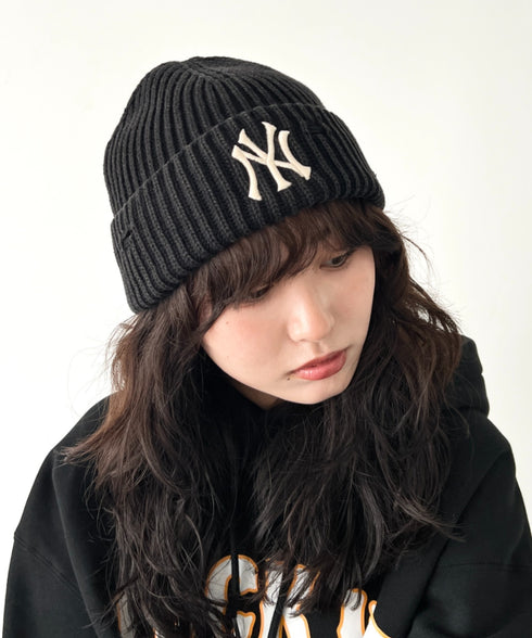 MLB KOREA(エムエルビーコリア)/ヴィンテージ ロゴ ダメージ ビーニー ニット帽/Vintage basic mid beanie | AT5254049 | ブラック