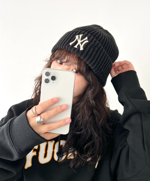 MLB KOREA(エムエルビーコリア)/ヴィンテージ ロゴ ダメージ ビーニー ニット帽/Vintage basic mid beanie | AT5254049 | ブラック