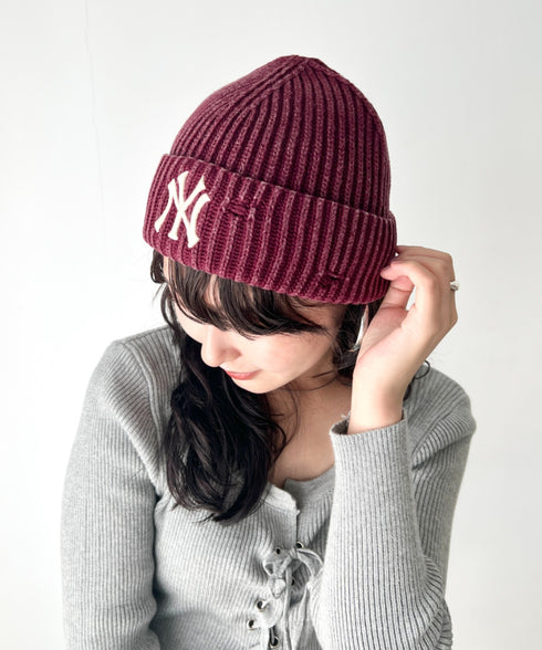 MLB KOREA(エムエルビーコリア)/ヴィンテージ ロゴ ダメージ ビーニー ニット帽/Vintage basic mid beanie | AT5254049 | ワインレッド