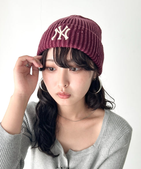 MLB KOREA(エムエルビーコリア)/ヴィンテージ ロゴ ダメージ ビーニー ニット帽/Vintage basic mid beanie | AT5254049 | ワインレッド