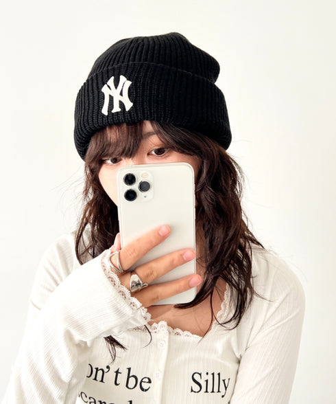 MLB KOREA(エムエルビーコリア)/ロゴ刺繍ビーニー ニット帽/New jelly mid-binnie | AT5254050 | ブラック