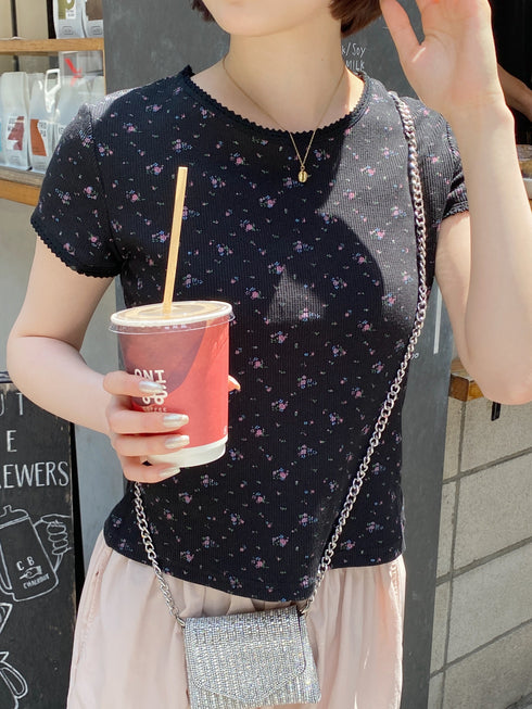 レトロフラワーワッフルフリルレースTシャツ | SL2232749 | ブラック