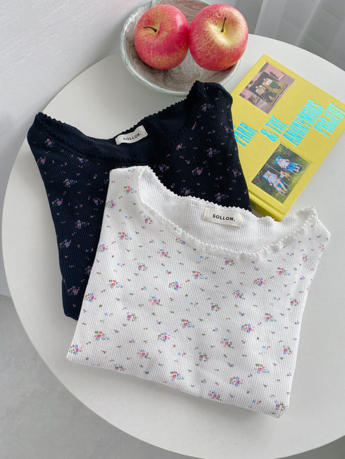 レトロフラワーワッフルフリルレースTシャツ | SL2232749 | ブラック