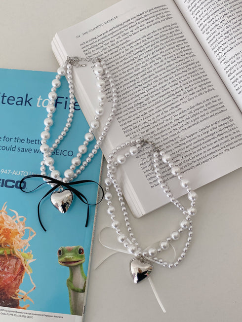 2連パールハートリボンネックレス | SL4233616 | ブラック