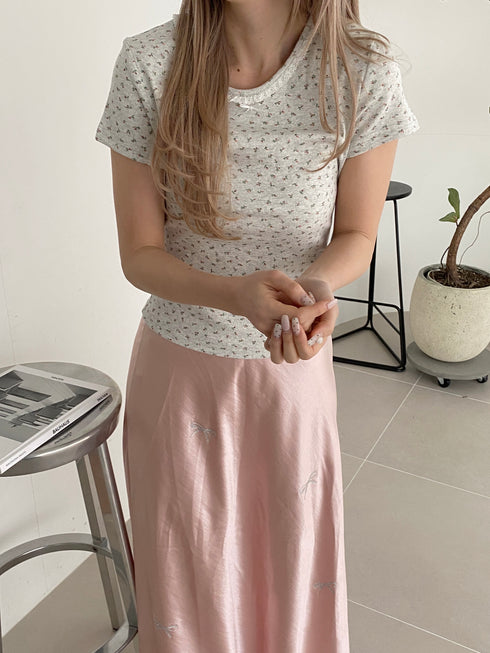 小花柄レースネックTシャツ | SL2252614 | ライトグレー