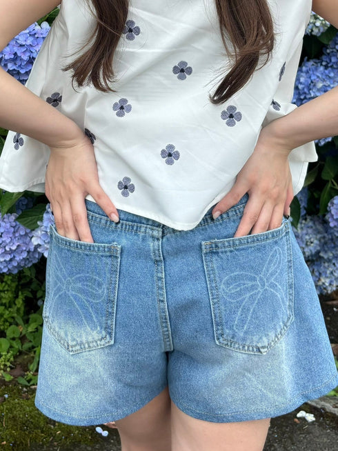 リボンデニムショートパンツ | RN2242016 | ブルー