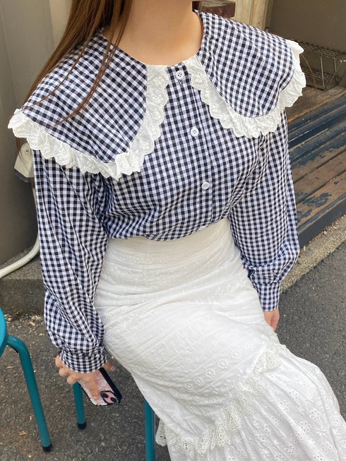 ギンガムチェックビッグカラーブラウス | RN2251005 | ブラック