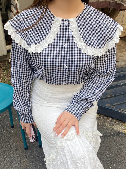 ギンガムチェックビッグカラーブラウス | RN2251005 | ブラック