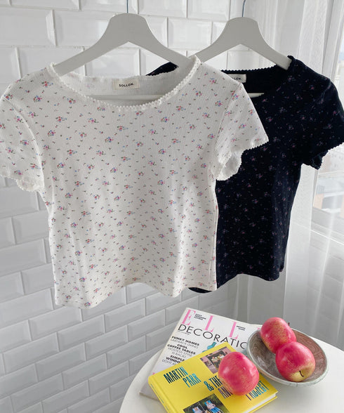 レトロフラワーワッフルフリルレースTシャツ | SL2232749 | ブラック
