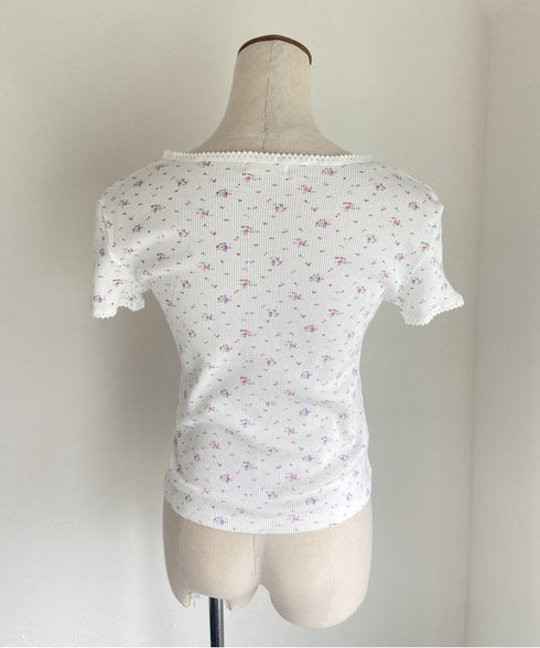 レトロフラワーワッフルフリルレースTシャツ | SL2232749 | ブラック