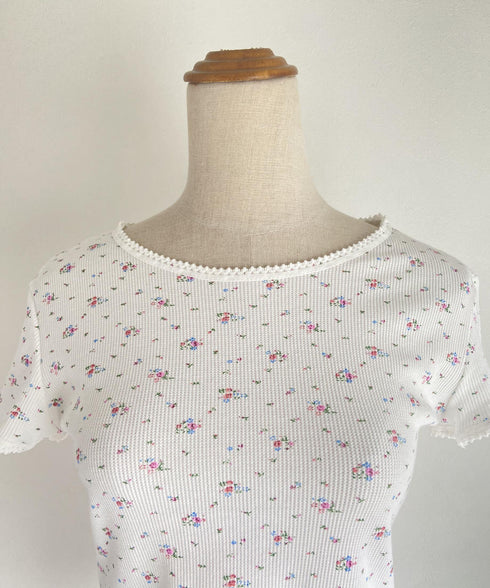 レトロフラワーワッフルフリルレースTシャツ | SL2232749 | ブラック