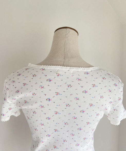 レトロフラワーワッフルフリルレースTシャツ | SL2232749 | ブラック