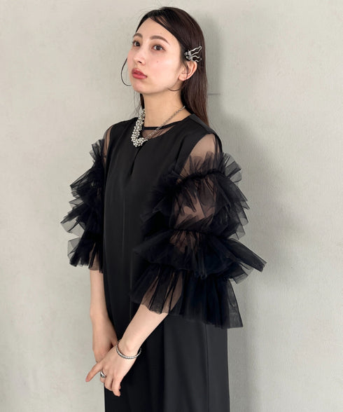 袖ボリュームフリルシアーレイヤード V ネックロングワンピース パーティードレス 結婚式 お呼ばれ オケージョンドレス | MD2265026 | ブラック