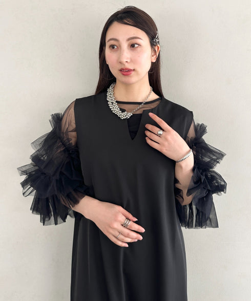 袖ボリュームフリルシアーレイヤード V ネックロングワンピース パーティードレス 結婚式 お呼ばれ オケージョンドレス | MD2265026 | ブラック