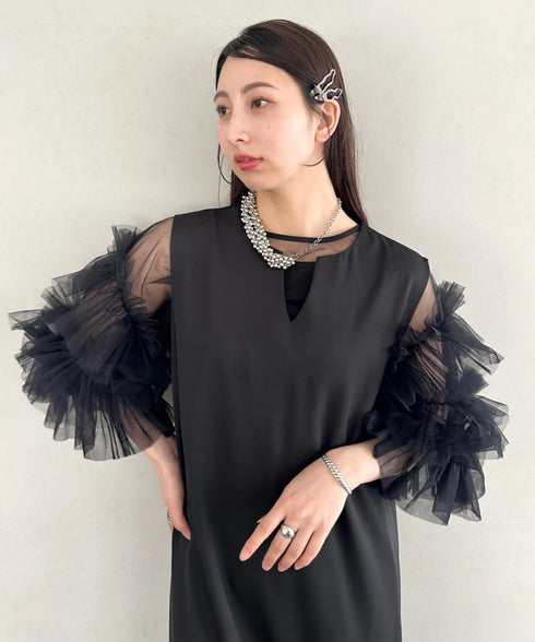 袖ボリュームフリルシアーレイヤード V ネックロングワンピース パーティードレス 結婚式 お呼ばれ オケージョンドレス | MD2265026 | ブラック
