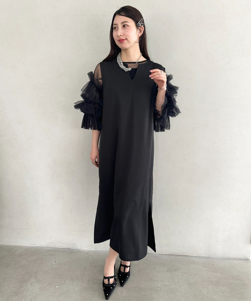 袖ボリュームフリルシアーレイヤード V ネックロングワンピース パーティードレス 結婚式 お呼ばれ オケージョンドレス | MD2265026 | ブラック