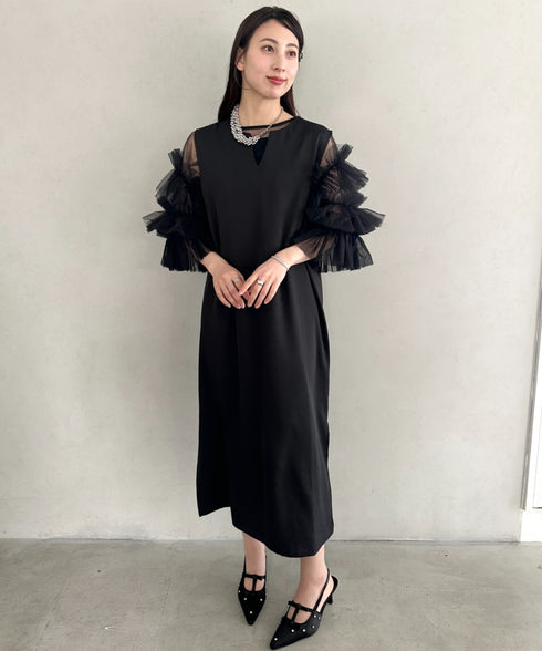 袖ボリュームフリルシアーレイヤード V ネックロングワンピース パーティードレス 結婚式 お呼ばれ オケージョンドレス | MD2265026 | ブラック