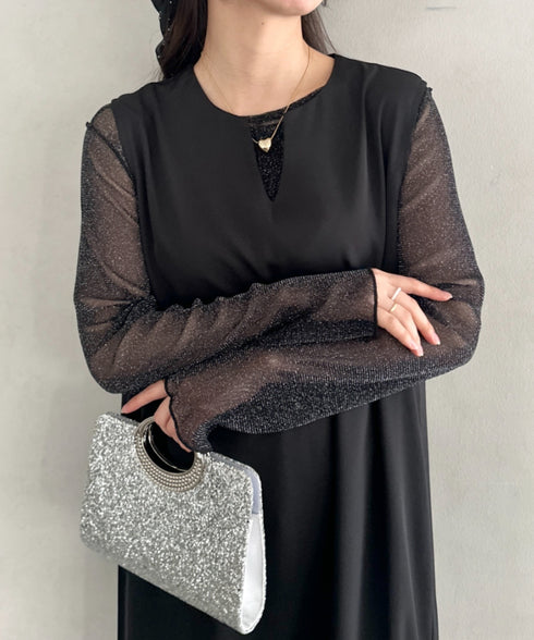 袖ボリュームフリルシアーレイヤード V ネックロングワンピース パーティードレス 結婚式 お呼ばれ オケージョンドレス | MD2265026 | ブラック