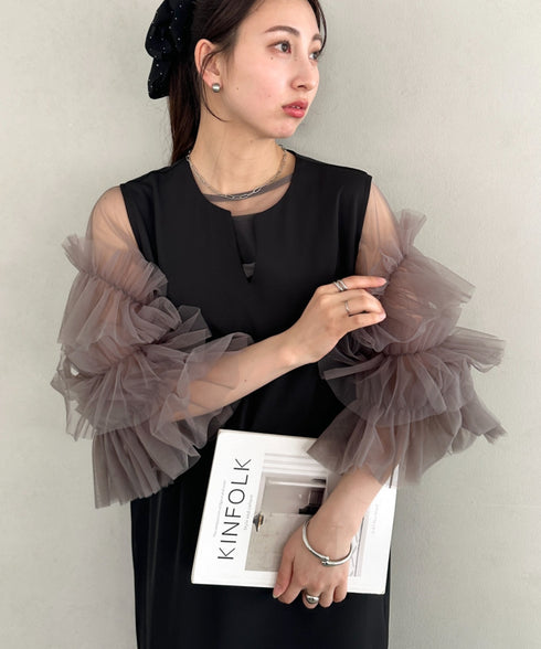 袖ボリュームフリルシアーレイヤード V ネックロングワンピース パーティードレス 結婚式 お呼ばれ オケージョンドレス | MD2265026 | ブラック系その他