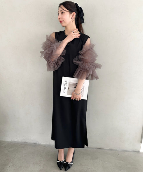 袖ボリュームフリルシアーレイヤード V ネックロングワンピース パーティードレス 結婚式 お呼ばれ オケージョンドレス | MD2265026 | ブラック系その他
