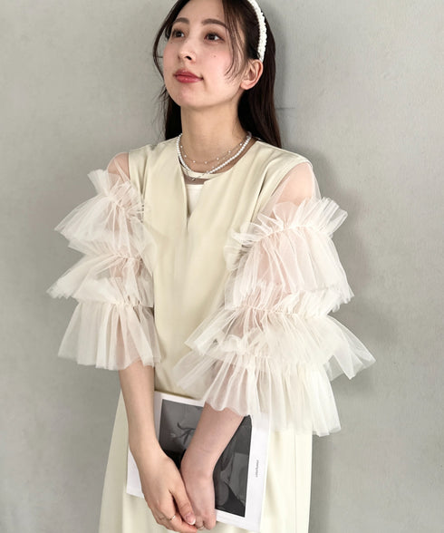 袖ボリュームフリルシアーレイヤード V ネックロングワンピース パーティードレス 結婚式 お呼ばれ オケージョンドレス | MD2265026 | アイボリー