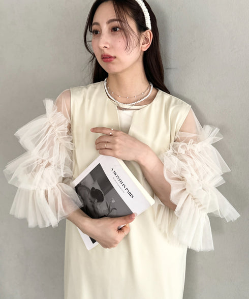 袖ボリュームフリルシアーレイヤード V ネックロングワンピース パーティードレス 結婚式 お呼ばれ オケージョンドレス | MD2265026 | アイボリー
