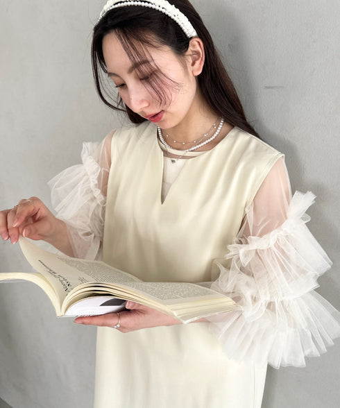 袖ボリュームフリルシアーレイヤード V ネックロングワンピース パーティードレス 結婚式 お呼ばれ オケージョンドレス | MD2265026 | アイボリー