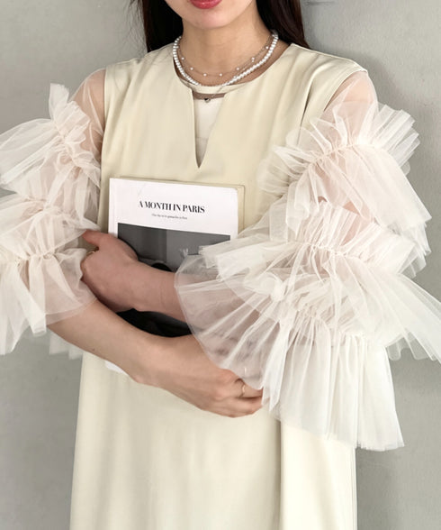 袖ボリュームフリルシアーレイヤード V ネックロングワンピース パーティードレス 結婚式 お呼ばれ オケージョンドレス | MD2265026 | アイボリー