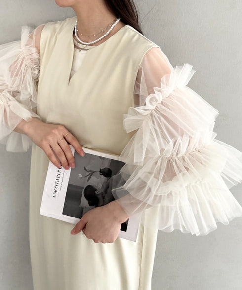 袖ボリュームフリルシアーレイヤード V ネックロングワンピース パーティードレス 結婚式 お呼ばれ オケージョンドレス | MD2265026 | アイボリー