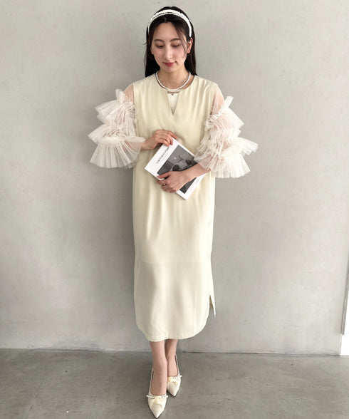 袖ボリュームフリルシアーレイヤード V ネックロングワンピース パーティードレス 結婚式 お呼ばれ オケージョンドレス | MD2265026 | アイボリー
