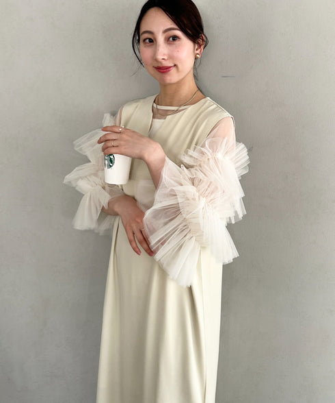 袖ボリュームフリルシアーレイヤード V ネックロングワンピース パーティードレス 結婚式 お呼ばれ オケージョンドレス | MD2265026 | アイボリー