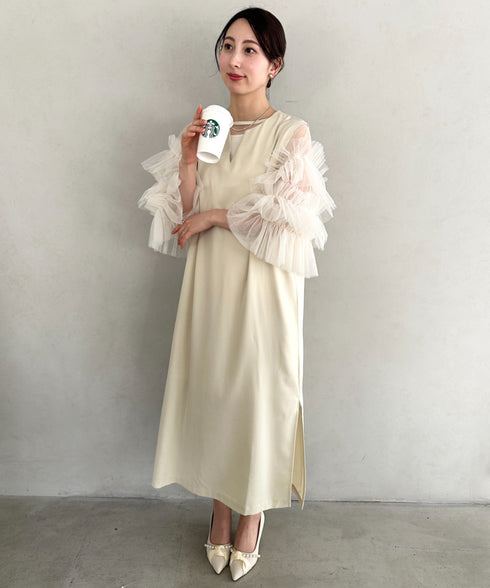 袖ボリュームフリルシアーレイヤード V ネックロングワンピース パーティードレス 結婚式 お呼ばれ オケージョンドレス | MD2265026 | アイボリー