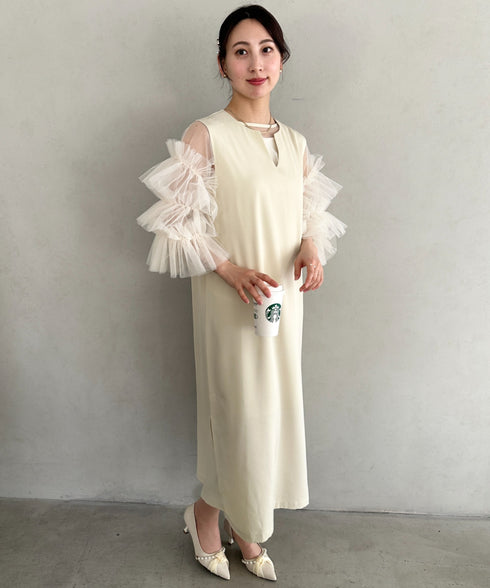 袖ボリュームフリルシアーレイヤード V ネックロングワンピース パーティードレス 結婚式 お呼ばれ オケージョンドレス | MD2265026 | アイボリー