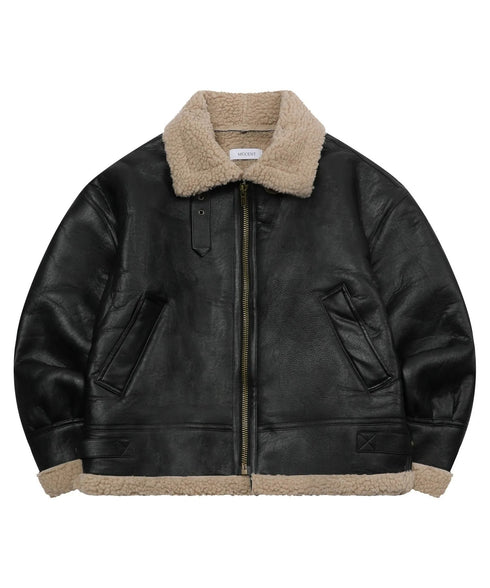 MUCENT(ムセント)/ワッペン ムートン ボア ジャケット ブルゾン/CHIVE LEATHER WAPEN MUSTANG JACKET | AT2254060 | ブラック