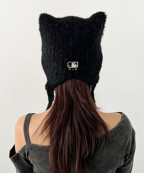 MLB KOREA(エムエルビーコリア)/猫耳 ねこ耳ビーニー 耳付き ロゴパッチ ワッペン ビーニー ニット帽 フラップニットキャップ/Miyaong Earflap Beanie | AT5254071 | ブラック