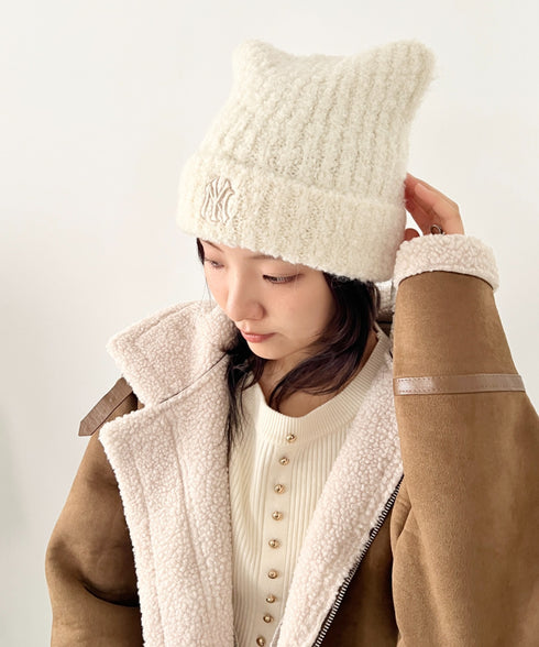 MLB KOREA(エムエルビーコリア)/猫耳 ねこ耳ビーニー 耳付き ロゴパッチ ワッペン ビーニー ニット帽/Plush Miyaong Beanie | AT5254072 | クリーム