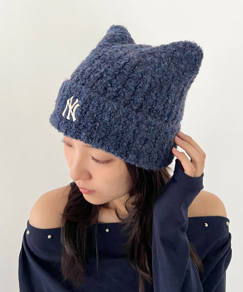 MLB KOREA(エムエルビーコリア)/猫耳 ねこ耳ビーニー 耳付き ロゴパッチ ワッペン ビーニー ニット帽/Plush Miyaong Beanie | AT5254072 | ネイビー