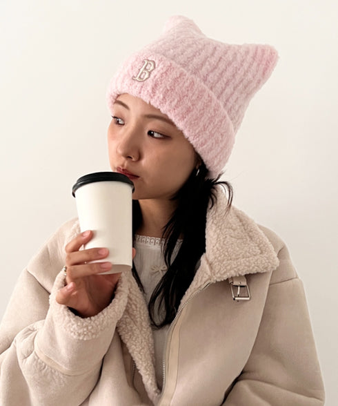 MLB KOREA(エムエルビーコリア)/猫耳 ねこ耳ビーニー 耳付き ロゴパッチ ワッペン ビーニー ニット帽/Plush Miyaong Beanie | AT5254072 | ピンク