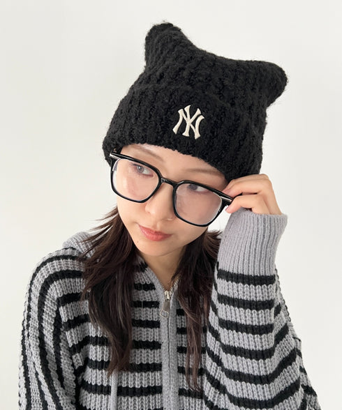 MLB KOREA(エムエルビーコリア)/猫耳 ねこ耳ビーニー 耳付き ロゴパッチ ワッペン ビーニー ニット帽/Plush Miyaong Beanie | AT5254072 | ブラック