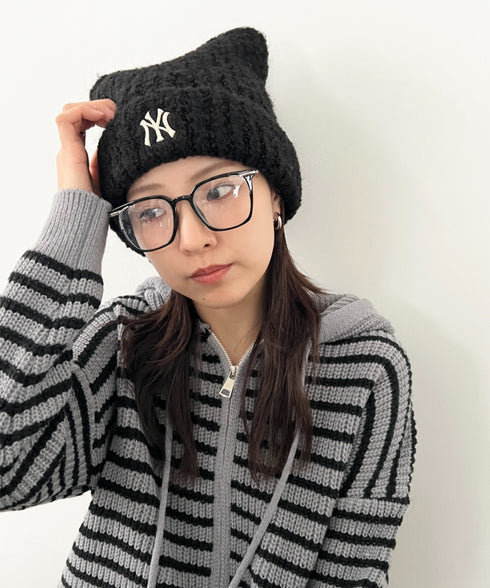 MLB KOREA(エムエルビーコリア)/猫耳 ねこ耳ビーニー 耳付き ロゴパッチ ワッペン ビーニー ニット帽/Plush Miyaong Beanie | AT5254072 | ブラック