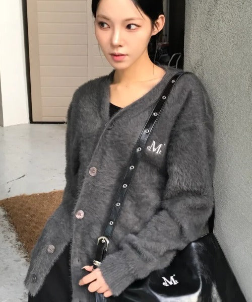 MUCENT(ムセント)/Vネック アンゴラ オーバーサイズ シャギー ニット カーディガン/POWDERY V-NECK ANGORA KNIT CARDIGAN | AT2254081 | チャコールグレー