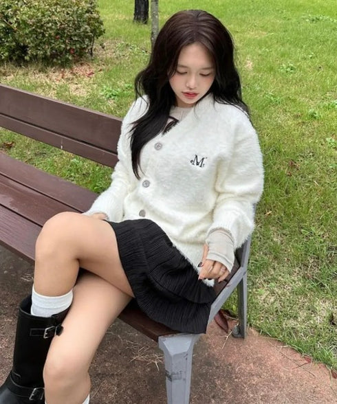 MUCENT(ムセント)/Vネック アンゴラ オーバーサイズ シャギー ニット カーディガン/POWDERY V-NECK ANGORA KNIT CARDIGAN | AT2254081 | アイボリー