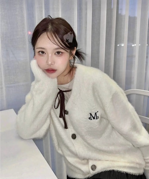 MUCENT(ムセント)/Vネック アンゴラ オーバーサイズ シャギー ニット カーディガン/POWDERY V-NECK ANGORA KNIT CARDIGAN | AT2254081 | アイボリー