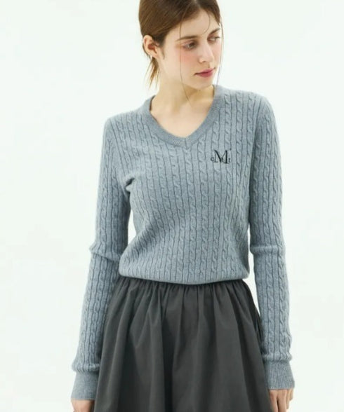 MUCENT(ムセント)/Vネック クロップ ケーブル ニット/PRIMROSE V-NECK CROP KNIT | AT2254085 | グレー