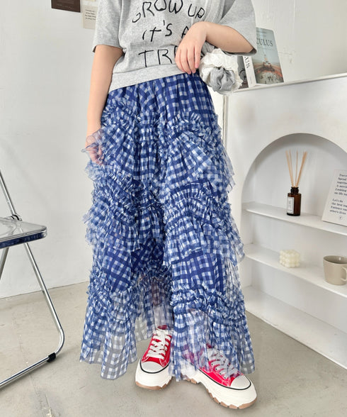 ギンガムチェックボリュームフリルチュールスカート | SL2265002 | ブルー