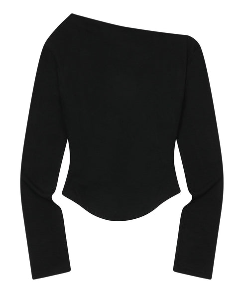 MUCENT(ムセント)/オフショルダー ドレープ アンバランス ロングスリーブ Tシャツ/LIVRE OFF SHOULDER UNBALANCE LONG SLEEVE T | AT2261003 | ブラック